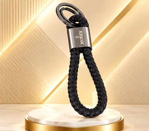Braided Leather Keychain — Black