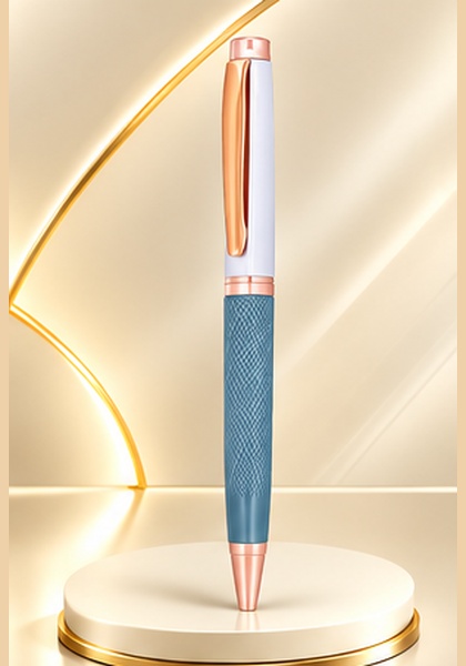 Blue Textured Metal Pen with Rose Gold Accents — Blue