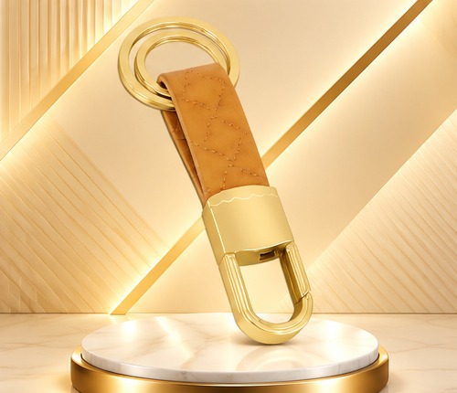 Tan Leather & Gold Metal Clip Keychain