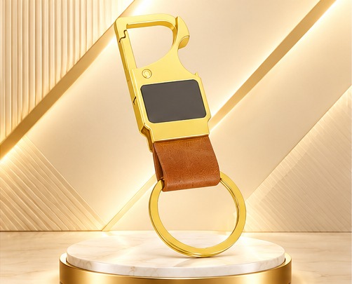 Gold Metal & Brown Leather Keychain