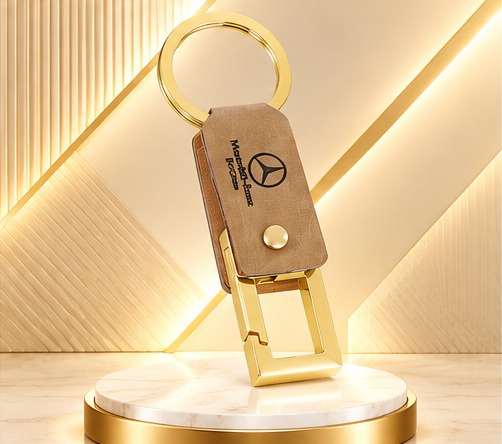 Tan Leather & Gold Metal Keychain