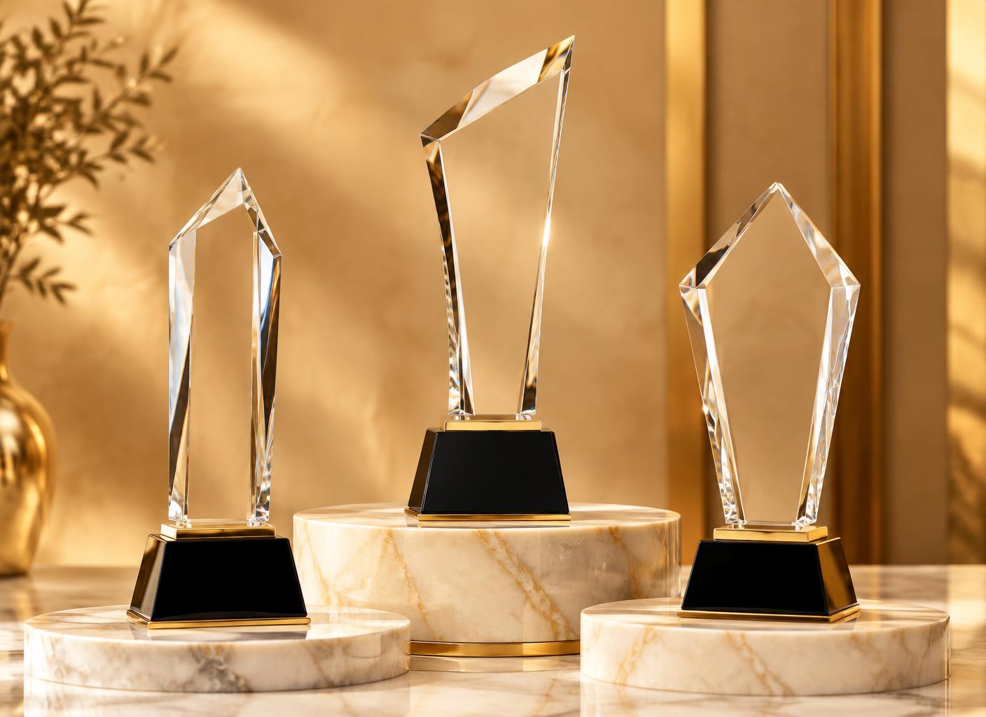 Clear acrylic trophies on cream marble podiums