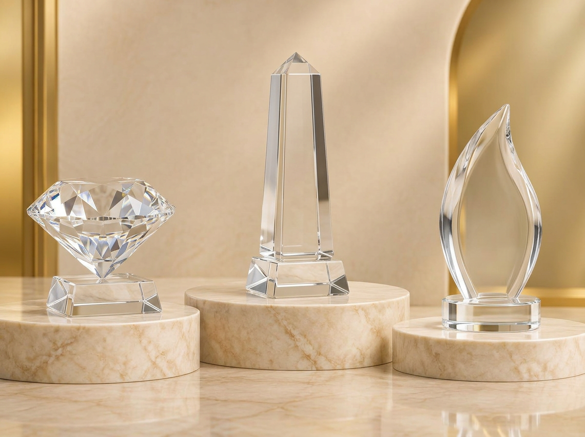 Three transparent glass and crystal trophies on cream marble pedestals