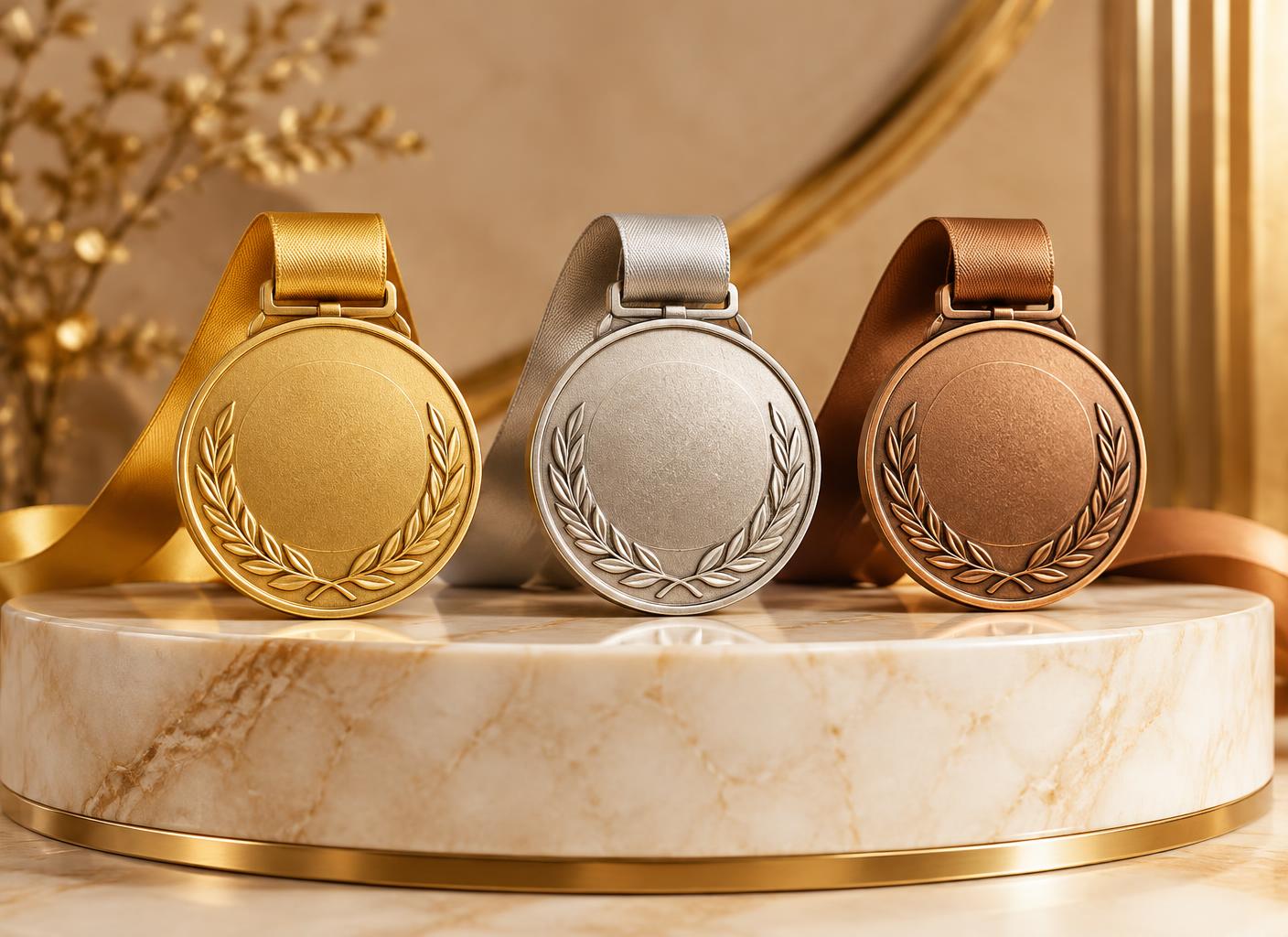 Golden, silver and bronze medals on a marble podium