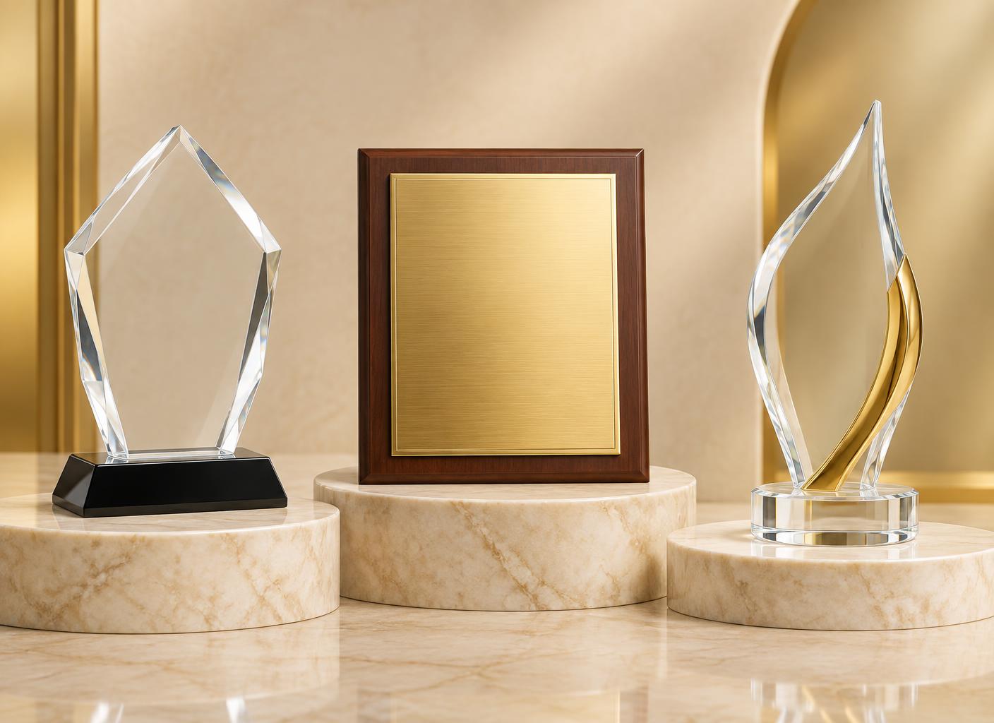 Premium crystal mementos and a framed gold plaque