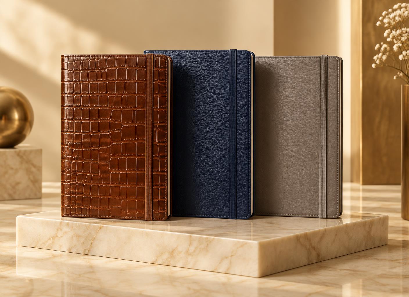 Premium leatherette notebooks on a cream marble pedestal