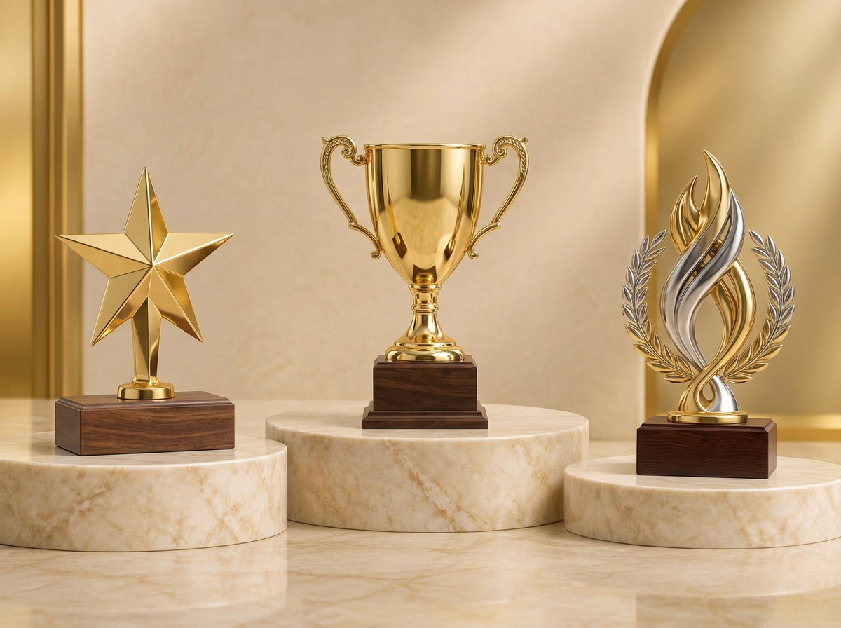 Three gold and metallic trophies with wooden bases on cream marble pedestals